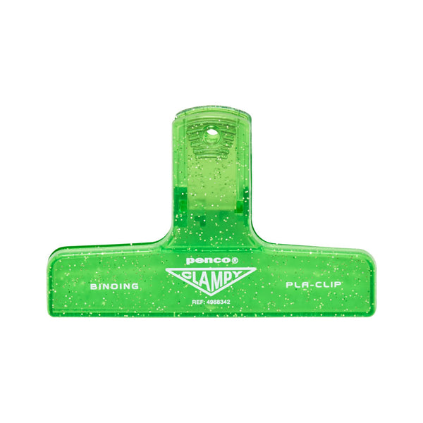 Penco Clampy plastic clip in translucent Light Green with glitter flecks and white printed lettering.