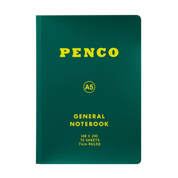 Penco Green A5 notebook with soft plastic cover and yellow text reading General Notebook, 7mm ruled
