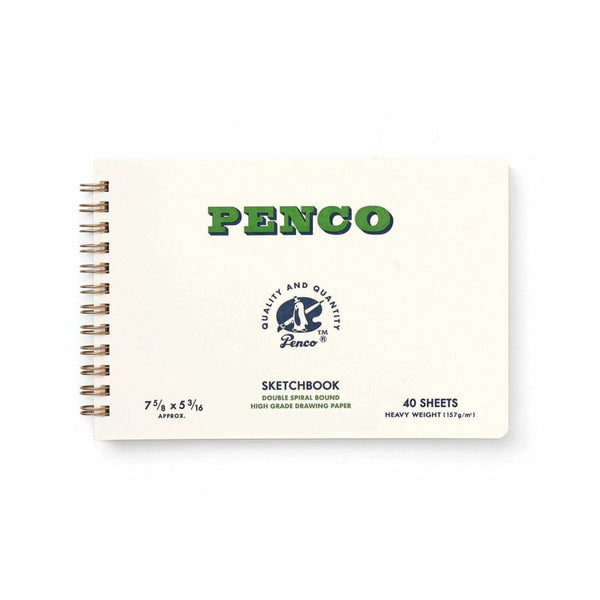 Penco B6 sketchbook with double copper spiral binding and green and navy logo on a pale cover.