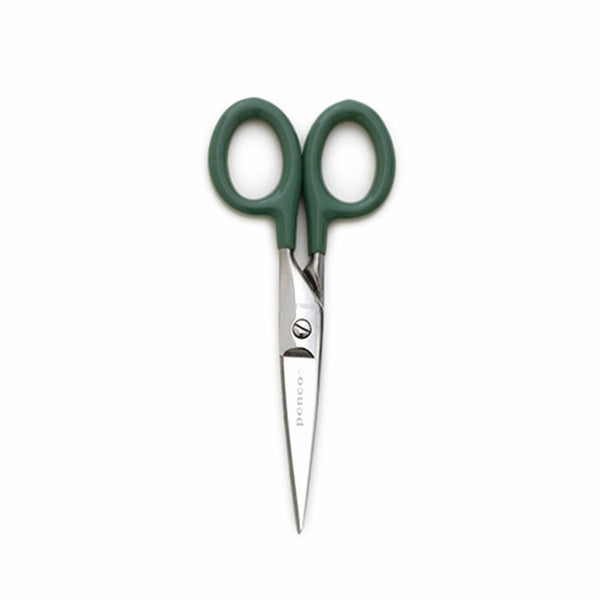 Penco small stainless steel scissors with Green PVC-coated handles, blades closed, shown upright.