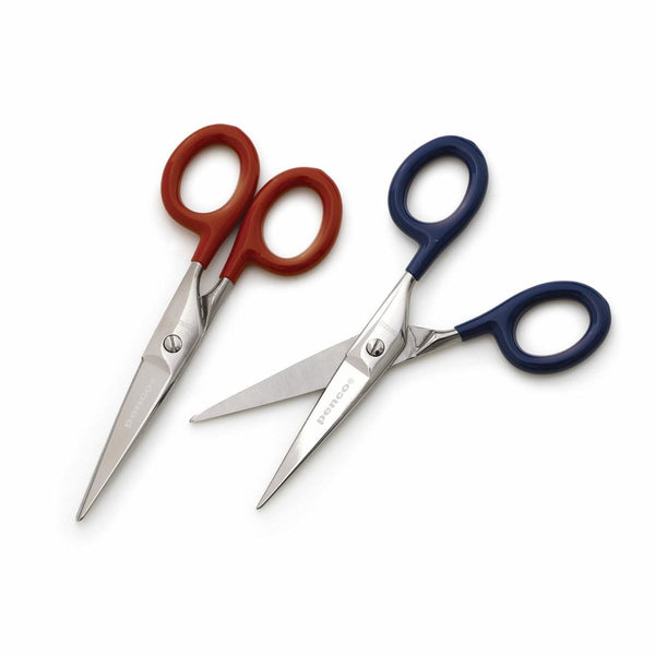 Two pairs of Penco stainless steel scissors, one with Red handles and one with Navy handles.
