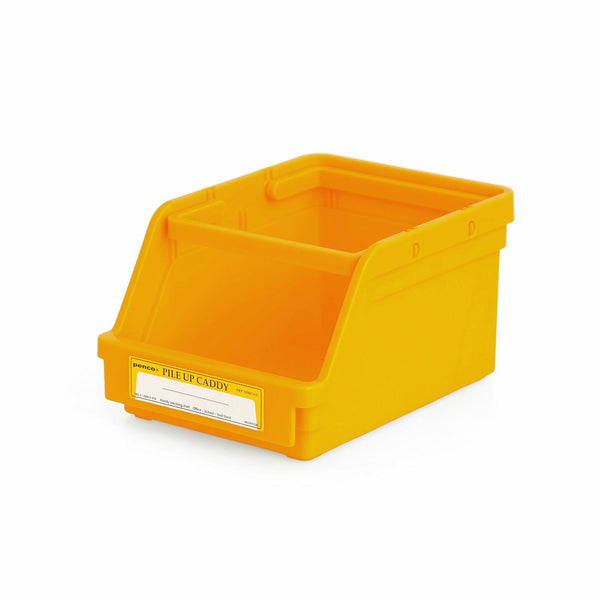 Penco Pile-up Caddy in Yellow, a stackable plastic storage bin with an open front and label holder.