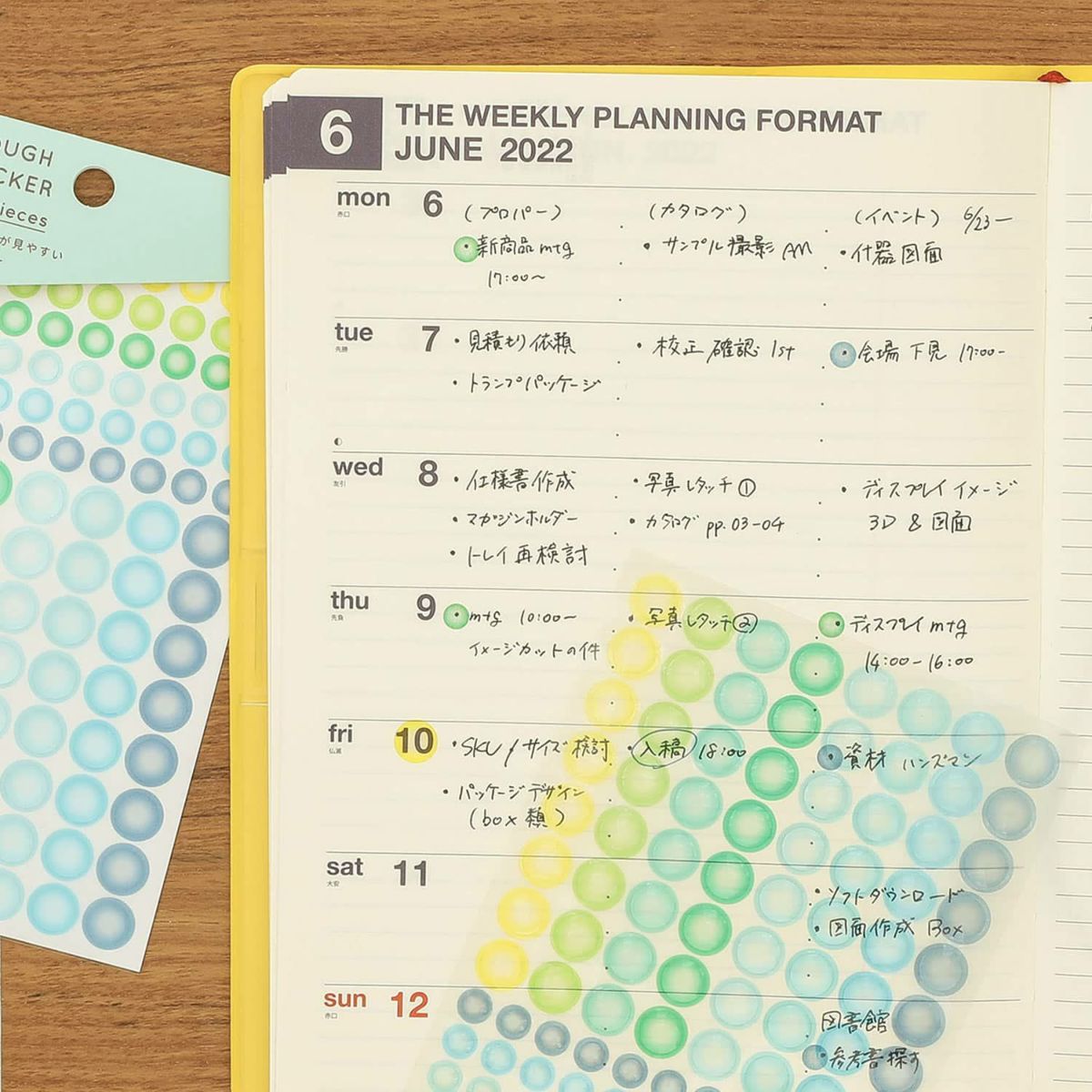 See-through blue and green dot stickers applied over a handwritten weekly planner, with a sticker sheet beside it.