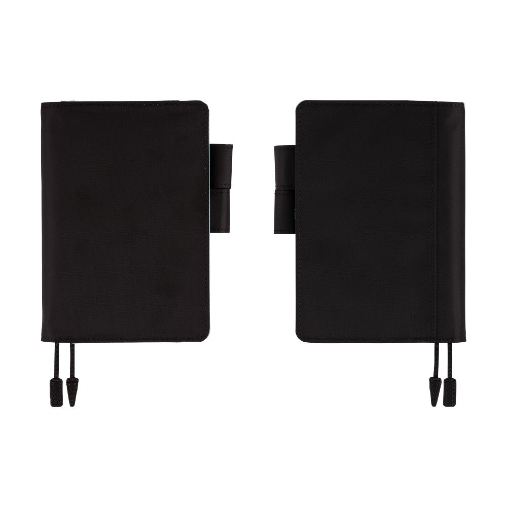 Hobonichi A6 planner cover in Black, shown from front and back with pen loop and bookmark cords.