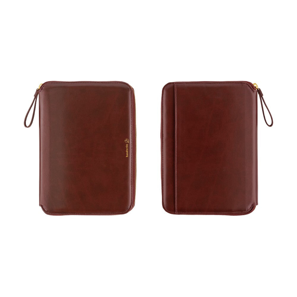 Front and back views of an Amarone zippered A5 Cousin book cover with gold zipper and wrist strap