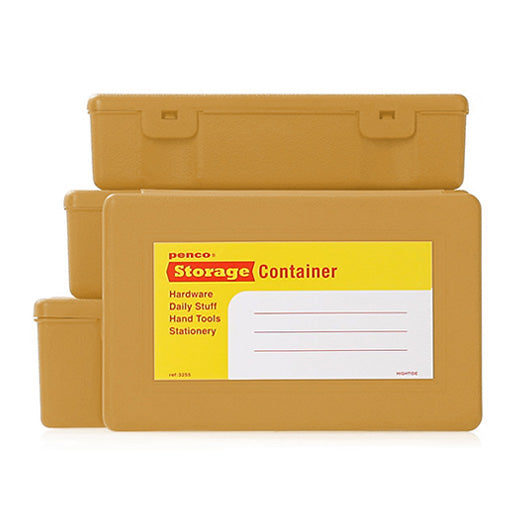 Penco storage containers in Beige, stacked in graduated sizes with a yellow and red label on the front.