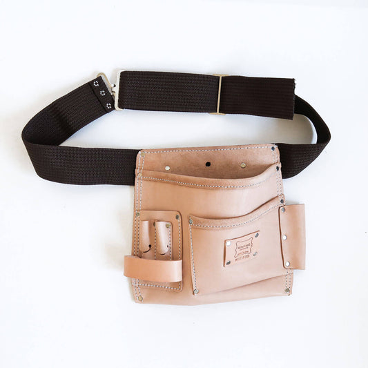 A 5 pocket quality natural leather tooolbag with dark brown waist belt