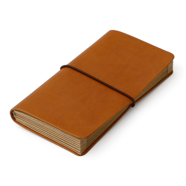 Hightide receipt holder in Brown leather, closed with a dark elastic band around accordion paper pockets.