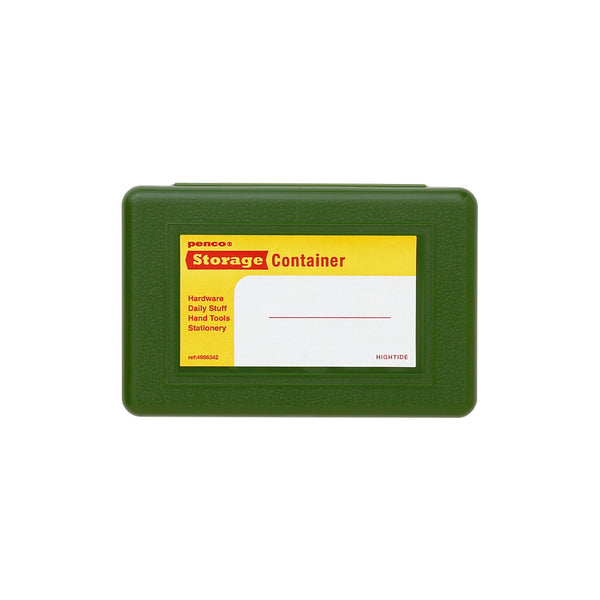 Penco Green plastic double-sided storage container, closed, with a yellow and white label on the lid.