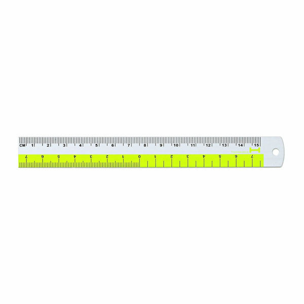 Aluminum ruler with Yellow fluorescent band, black centimetre markings and hanging hole at one end.