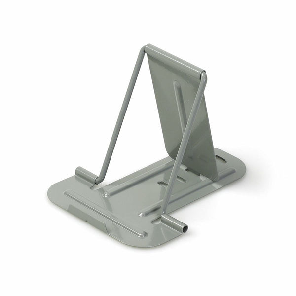 Gray folding steel gadget rest-stand by Hightide, unfolded with wire support propping the angled backrest.