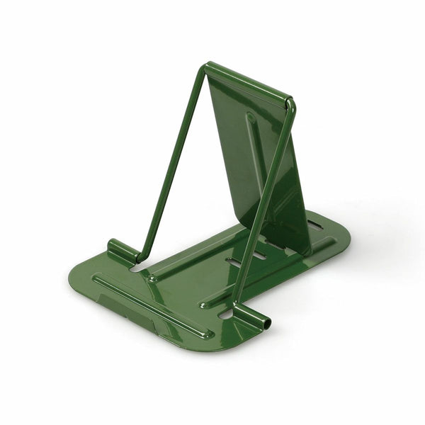 Hightide folding steel gadget rest-stand in Khaki, unfolded and propped open at an angle