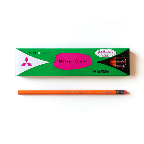Mitsubishi 9852 green box of pencils with a single orange B pencil with eraser shown below.