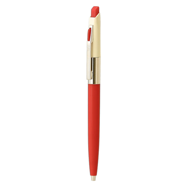 Hightide Retro Pen standing upright, Red barrel with cream upper section, gold clip and click button.