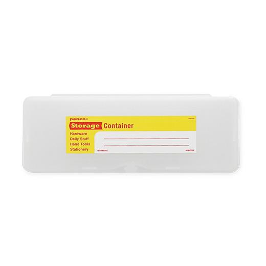 Penco Storage Container pen case in Clear plastic with a yellow and red label for writing contents.