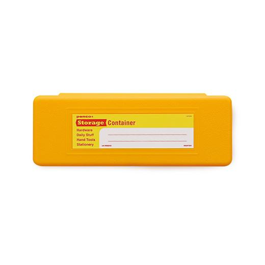 Penco Storage Container pen case in Yellow, closed, with red and yellow label on the lid.