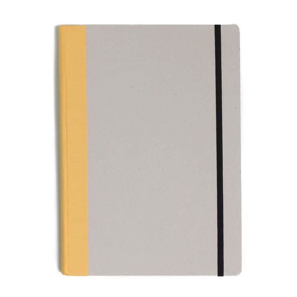 Emilio Braga A4 cardboard notebook with grey cover, Yellow cloth spine and Black elastic closure band.