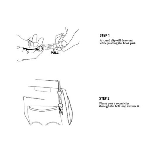 Line drawing instructions: Step 1 shows hands pulling the ring out, Step 2 shows it clipped to a belt loop.