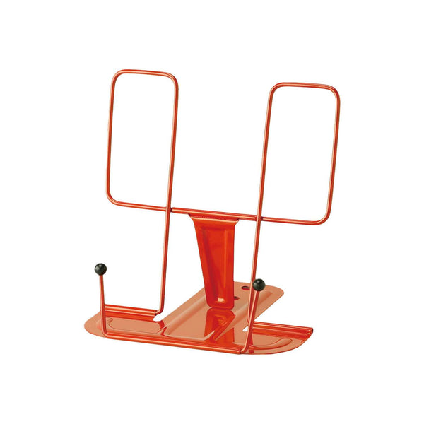 Hightide Orange metal book stand, folding wire frame with two black-tipped page holders, shown open.