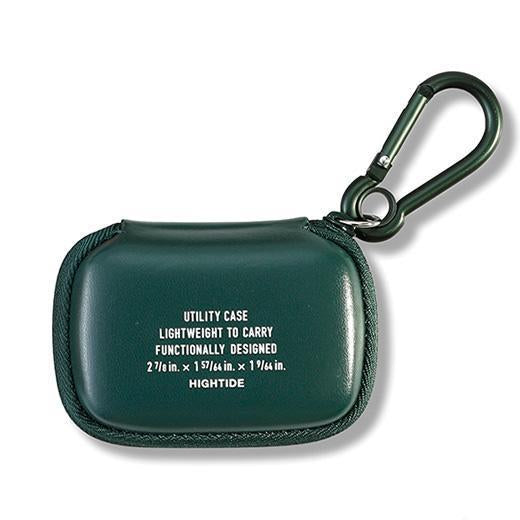 Green zippered Hightide Utility Case Mini with printed text on the front and a matching carabiner clip.