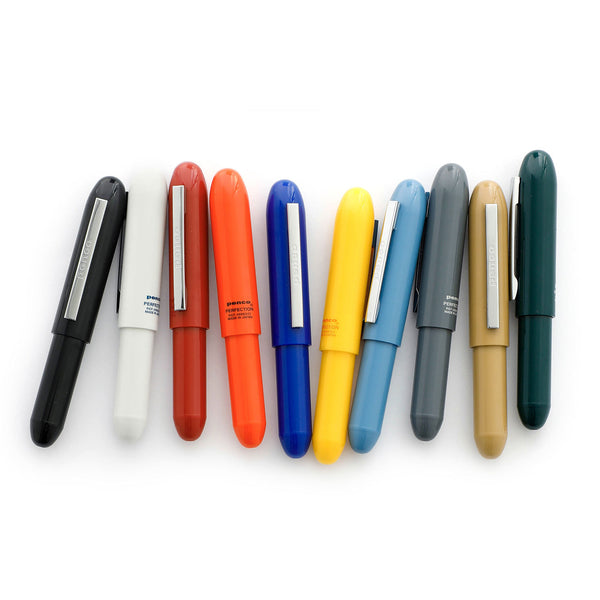 Penco Perfection Ballpoint Pen Light capped pens with silver clips, arranged in a row in assorted colors.