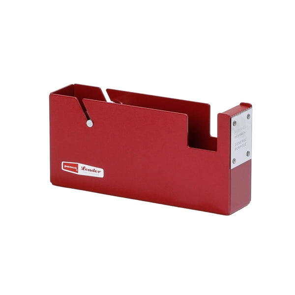 Penco Leader tape dispenser in Red, angled view of the steel body with metal cutting blade.