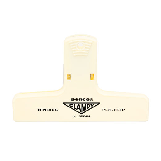 Penco Ivory plastic binding clip with wide flat jaws and printed "Clampy" logo on the front.