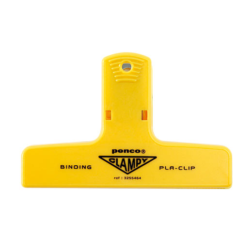 Penco Yellow plastic binding clip with wide flat jaw, printed Clampy logo and serrated grip top.