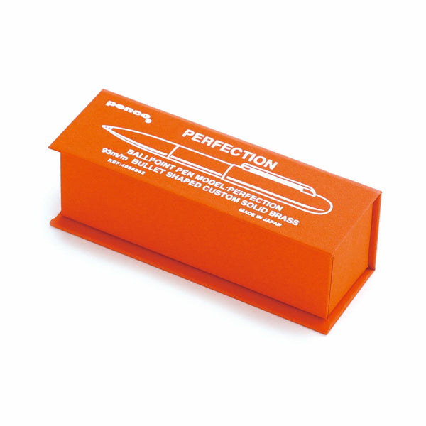 Orange Penco Perfection gift box with white pen illustration and lettering, closed with hinged lid.