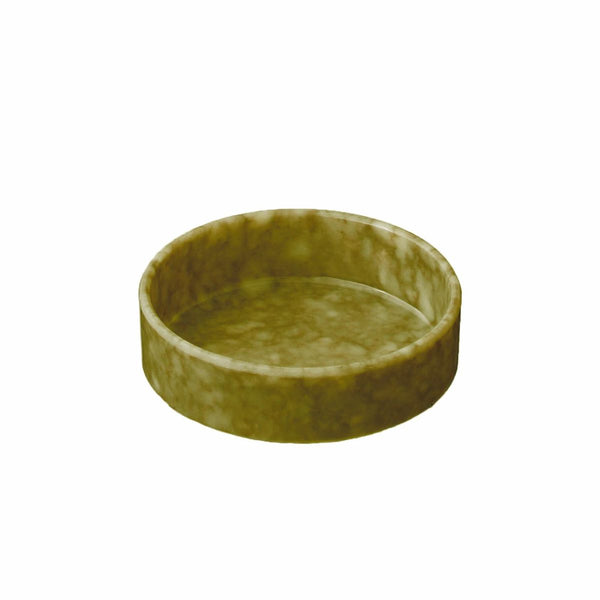 Small round Hightide stacking tray in Dark Green melamine with a mottled marbled finish, shown at an angle.