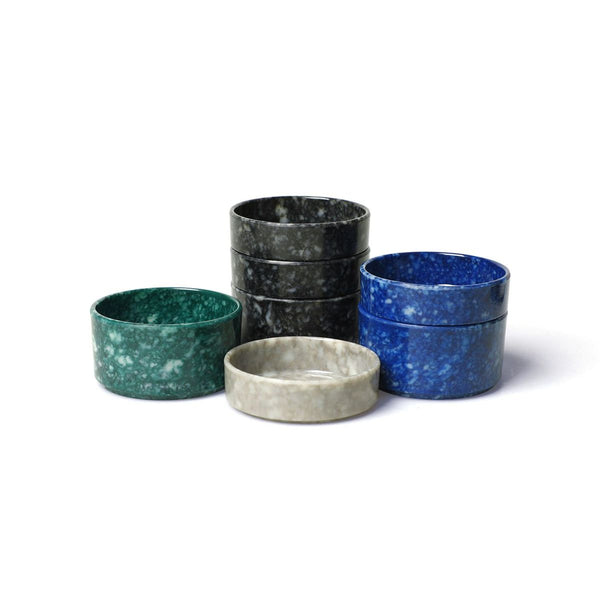 Hightide marble-patterned melamine stacking trays grouped in Dark Green, Black, Navy and Ivory
