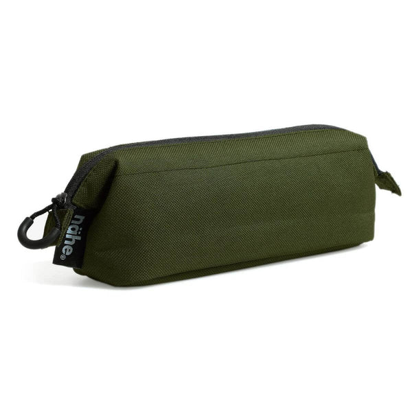 Nähe Pen Pouch/L in Khaki woven fabric, zipped closed with black label tab and clip at one end.