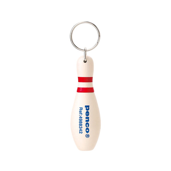Penco bowling pin ballpoint pen keychain in White with two Red stripes and a silver split ring.