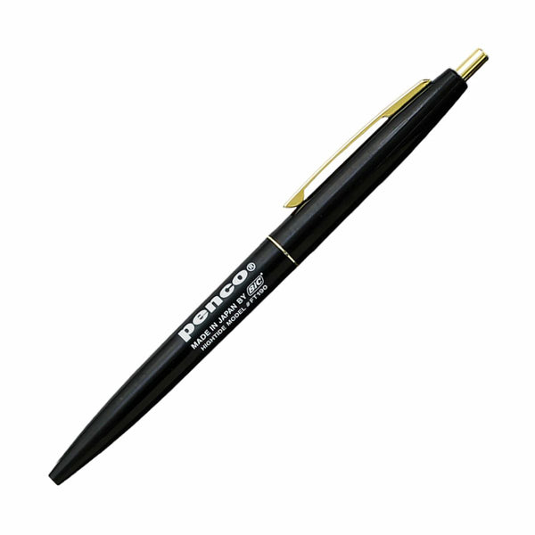 Penco knock ballpoint pen with black barrel, gold clip and tip, printed with the Penco logo.