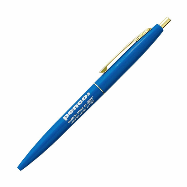 Penco knock ballpoint pen with blue body, gold clip and tip, printed white brand lettering.