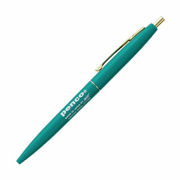 Penco knock ballpoint pen with green body, gold clip and knock, printed with the Penco logo.