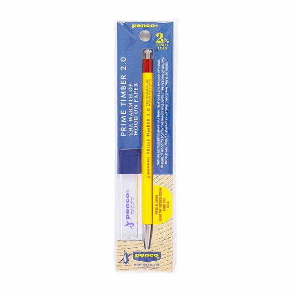 Penco Prime Timber 2.0 mechanical pencil in Yellow with a Red cap, in blue blister packaging with sharpener.