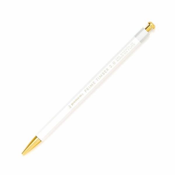 Penco Prime Timber 2.0 mechanical pencil in White with brass tip and knock, shown at an angle.