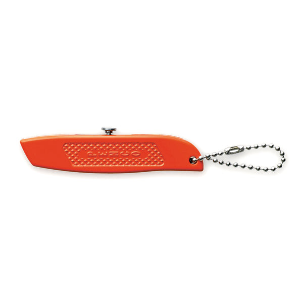 Penco Utility Knife in Orange with textured grip panel, push button and silver ball chain, blade retracted.