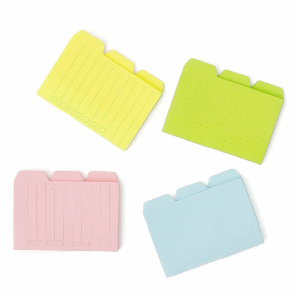 Four Hightide Sticky Tab pads in Yellow, Light Green, Pink and Blue, with ruled checkbox and dotted grid faces.