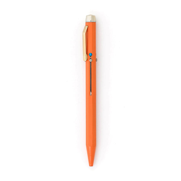 Hightide 4 Color Ballpoint Pen in Orange, shown upright with Gold clip and Silver top and slider knobs.