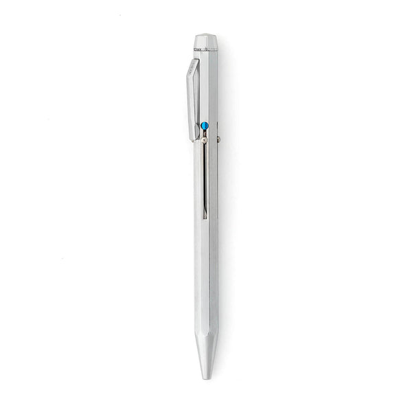 Hightide 4 colour ballpoint pen in Silver steel, shown upright with clip and one blue selector visible.