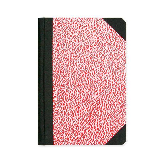 Emilio Braga A6 notebook with Red marbled cover, black cloth spine and black corner reinforcements.
