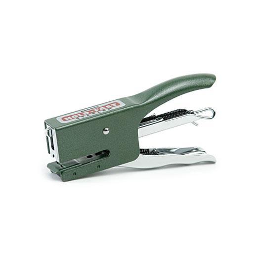 Penco hand-grip stapler in Green with hammertone steel body, chrome lever and red logo label.