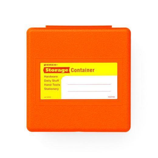 Penco Storage Container in Orange, closed lid with yellow label listing hardware, daily stuff, hand tools and stationery.