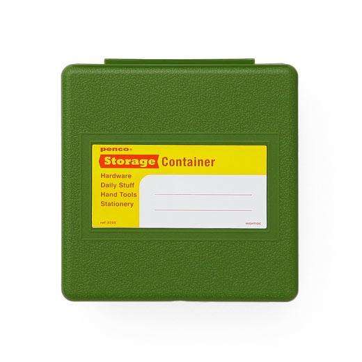 Green Penco storage container in extra small size, closed, with a yellow and white label on the lid.