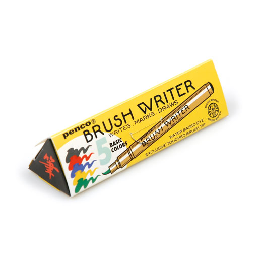Yellow triangular Penco Brush Writer package showing colorful brush strokes and a pen illustration.