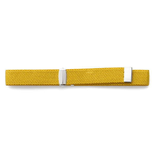 Hightide slim adjustable book band in Yellow elastic with two silver metal sliders, shown flat.
