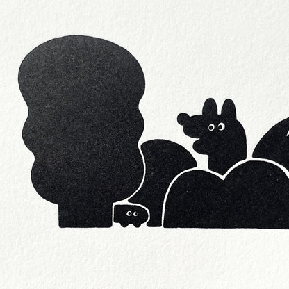 Letterpress Card/ Coyote and Caterpillar in Bush