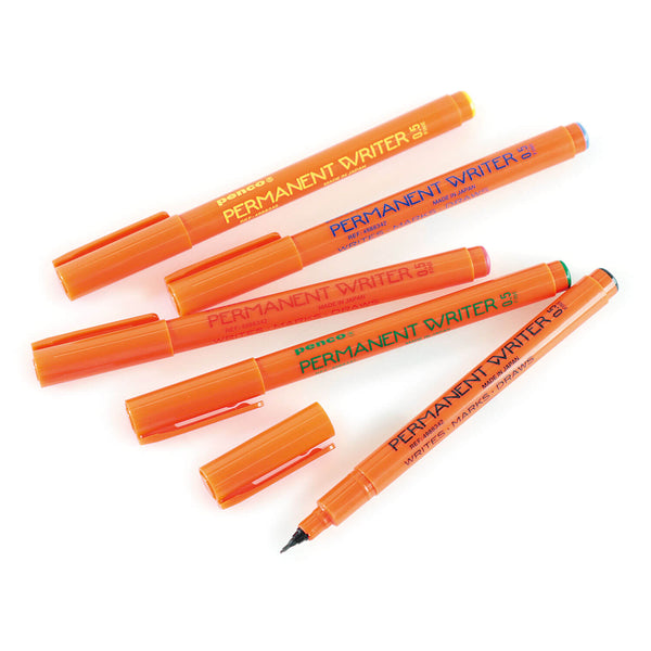 Penco Permanent Writer pens in orange barrels with colored text, one uncapped showing its fine tip.